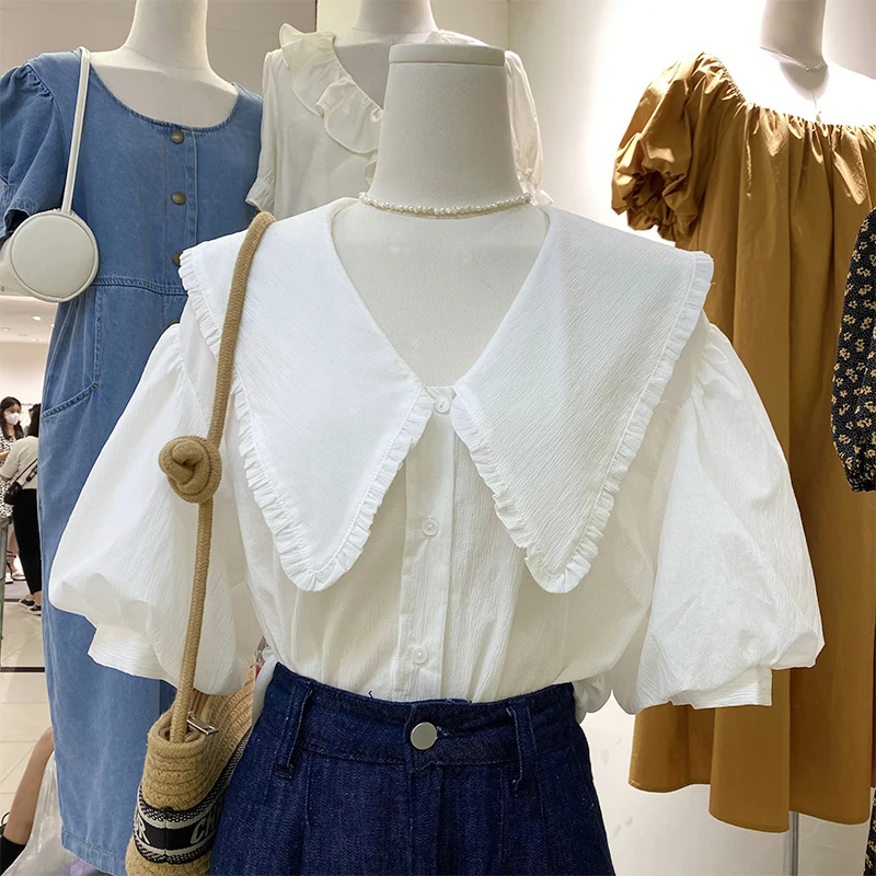 

Sweet Style Women White Shirts Summer New Design 2021 Turn-Down Collar Puff Sleeved Solid Elegant Office Lady Outwear Tops