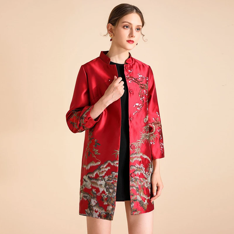 Женское винтажное длинное пальто AELESEEN Офисная ветровка с вышивкой цветов сливы и