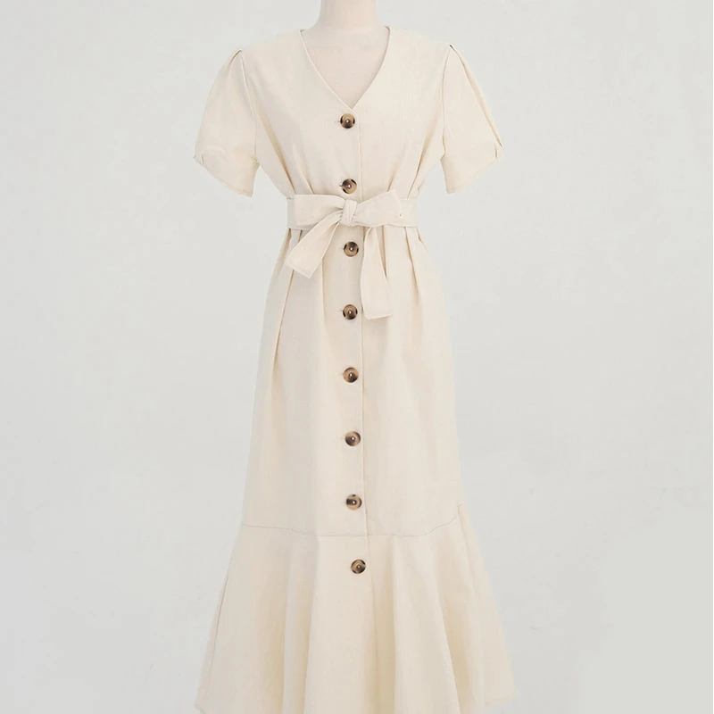 

2020 New Women's Summer Mermaid Dresses Casual V-neck High Waist Solid Vintage Fashionable Lace Up Elegant Lady Long Dress