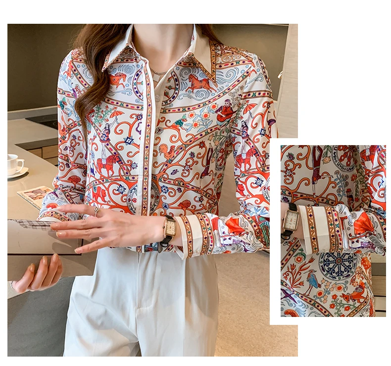 

Print Women's Blouse Chiffon Polo Girl's Shirt New Korean Loose Fashion Long Sleeve Top Casual Plus Size Lady Blusas Houthion