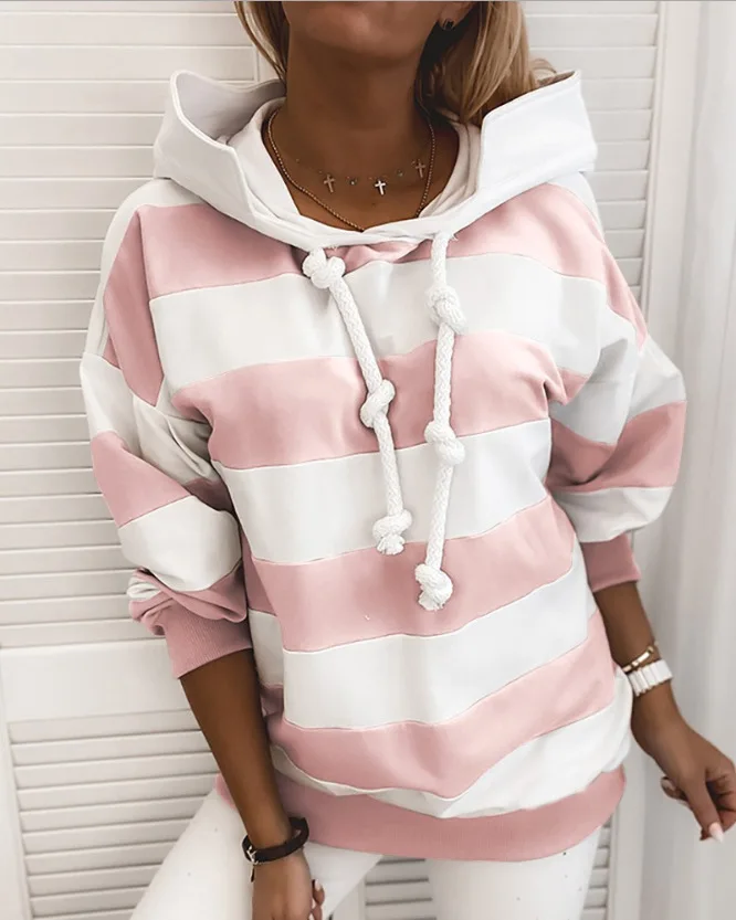 

Casual Striped Hoodies Women's Autumn Winter Loose Patchwork Long Sleeve Drawstring Pullover Female Hoody Sweatshirts Streetwear