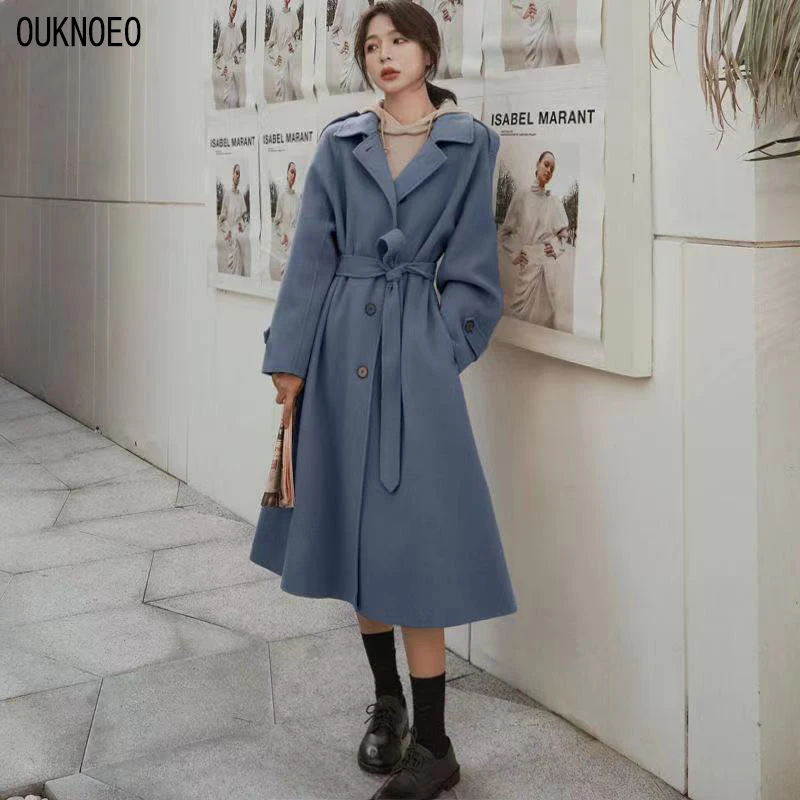 

Woman Long Coat Korean Preppy Style Retro Belt High Collar Keep Warm Woolen Coat Oversize Windbreaker 2021 Winter Women Coat