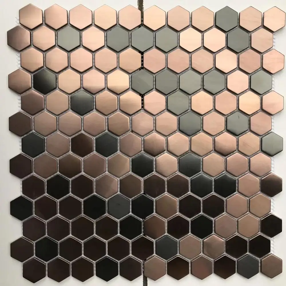 

China hexagon brushed gold mix stainless steel metal mosaic tile for floor and wall decoration