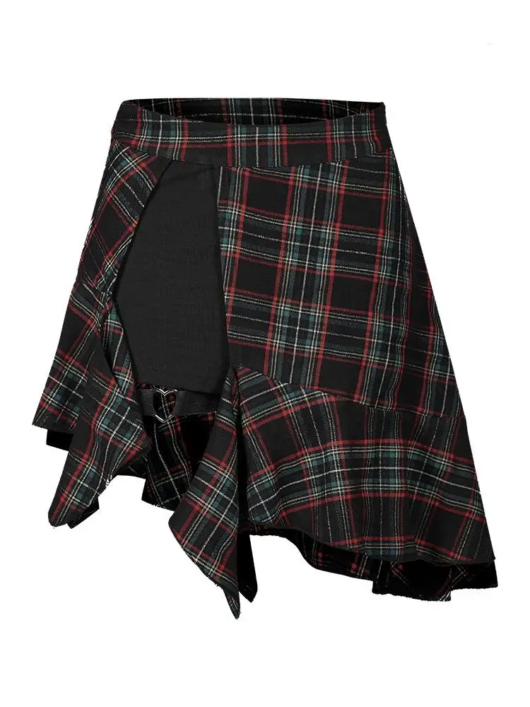 Женская Асимметричная клетчатая трапециевидная юбка в стиле панк с рыбим
