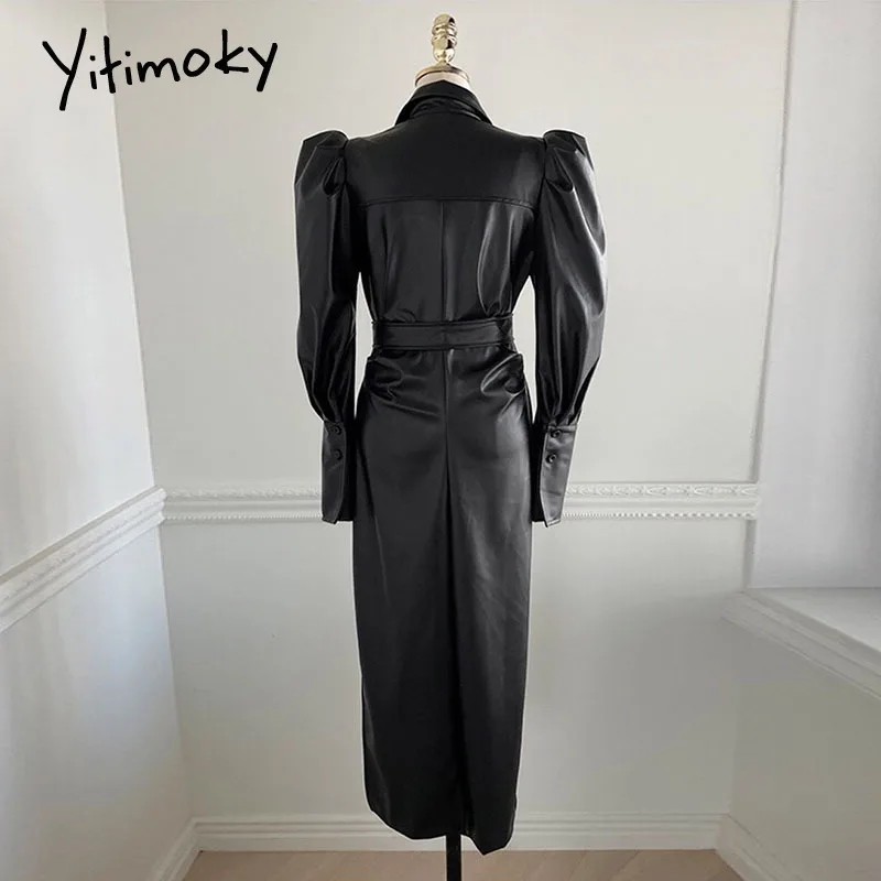 

Yitimoky PU Dress for Women Vintage Straight Sashes Puff Sleeve Empire Turn-Down Collar Spring Autumn Winter Elegant 2021 Black