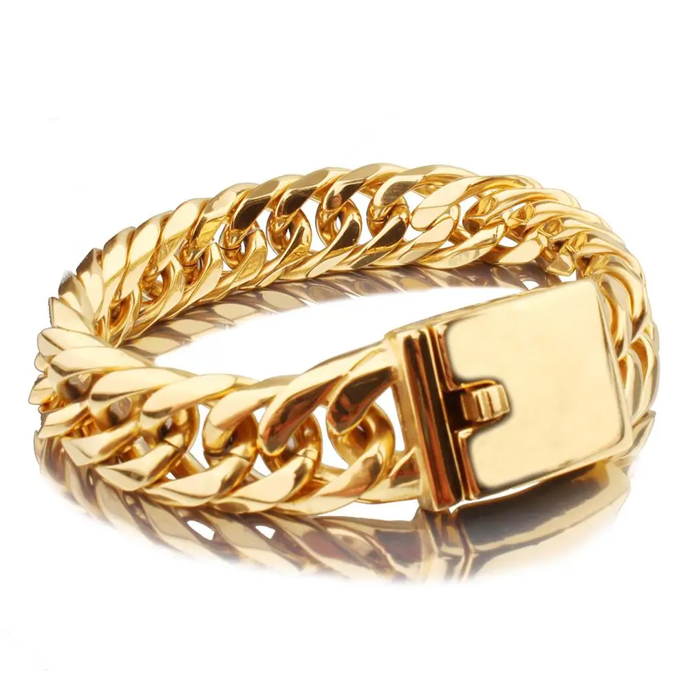 

Новое поступление, мужские ювелирные изделия, металлический браслет из нержавеющей стали золотого цвета, кубинская цепь, браслет унисекс, р...