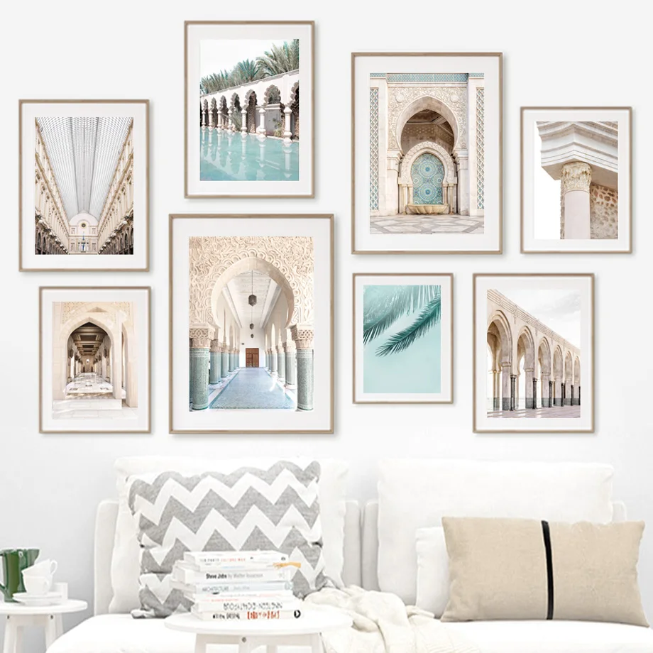 

Morocco Door Islam Mosque Corridor Palm Leaf Wall Art Canvas Painting Nordic Posters And Prints Wall Pictures Living Room Decor