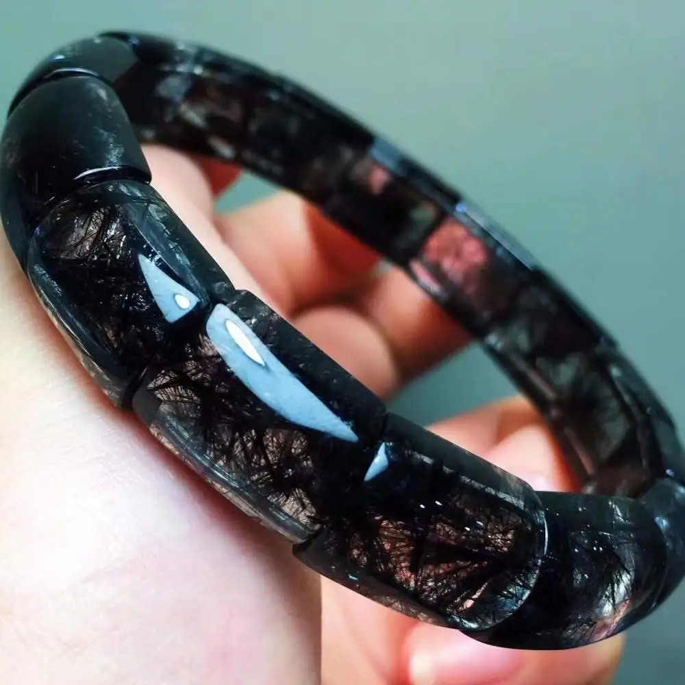 

14x11mm Top Natural Brazil Black Rutilated Quartz Bangle Bracelet For Woman Man Crystal Rectangle Beads Gemstone Stretch AAAAA