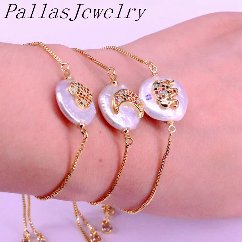 

10Pcs new design natural pearl with colorful cubic zirconia pave Bracelet round Shape pearl women adjustable charm Bracelets
