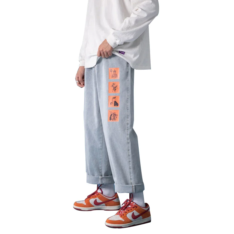 

Thin/thicken Jeans Men Washed Denim Trousers Casual Printed Journey To The West Straight Pants Hiphop Street Shot Autumn Winter