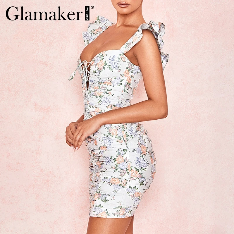 Glamaker сексуальное платье с рюшами и цветочным принтом облегающее короткое