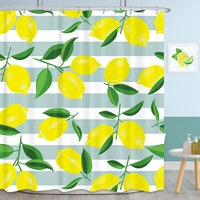 lemon shower curtain bathroom decor yellow fruit green leaves plant white stripe citrus waterproof polyester screen with hook