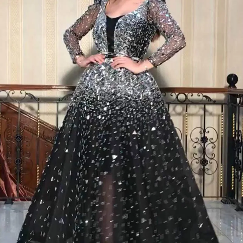 

Women Sequins Maxi Dress Lace Mesh Round Neck Female New Fashion Black Long Sleeve High Waist Big Swing Solid Sexy Party Dresses