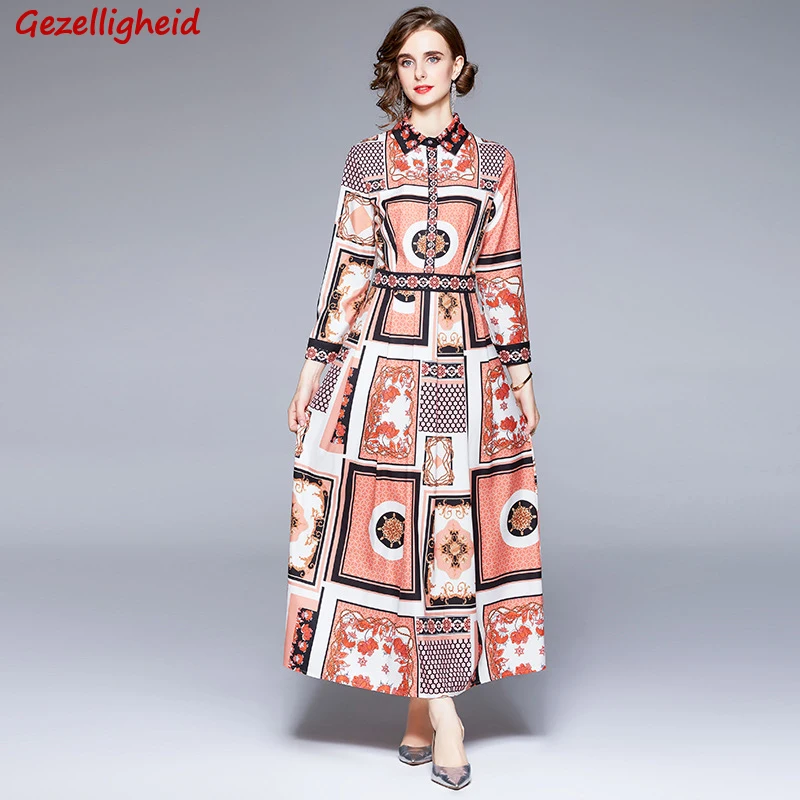 

Gezelligheid Dresses For Women 2021 Autumn Fashion Designer Elegant Print Flower Temperament Vintage Casual Party Maxi Dress