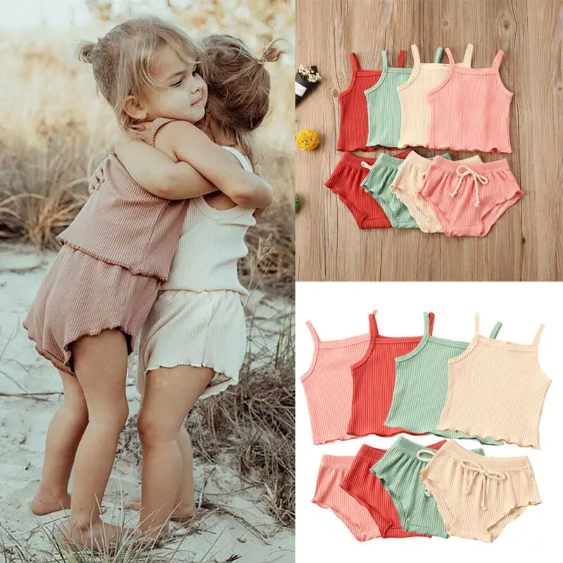 

Newborn Baby Girl summer Ribbed Solid Clothes sleeveless Vest Top T-Shirt Pants Shorts 2PCS Ruffled cotton Outfit Sets