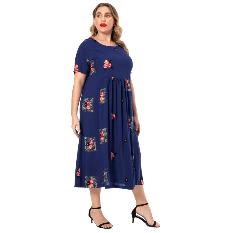 

Women Plus Size Dress Little Flower Printed O Neck Casual Female Clothing Short Sleeve Knee Length Dresses For Lady F006-Z