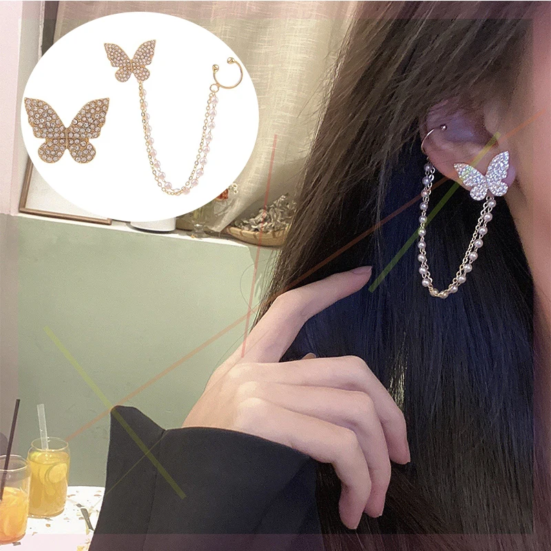 

Women Pearl Chain Tassel Stud Earrings Fashion Cute Butterfly Earrings Assymetric Girl Rhinestone Cartilage Huggies Jewelry Gift