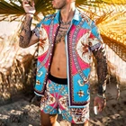 Новый мужской костюм с принтом + пляжные Гавайские шорты, рубашка на пуговицах, пляжные шорты, уличная одежда, повседневный мужской костюм из 2 предметов