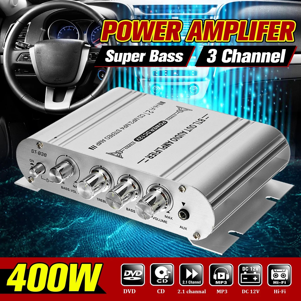Портативный 400W Мощность усилитель 3 канала Hi Fi стерео колонки аудио звука дома