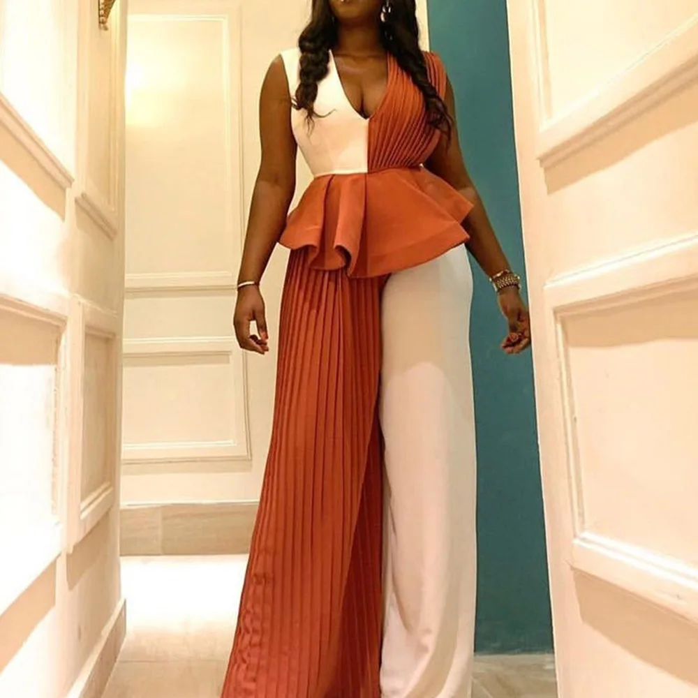 

Brand Design Color Block Sleeveless Jumpsuit Elegant Plus Size Office Lady Peplum Wide Leg Long Overall Women Summer Jumpsuits
