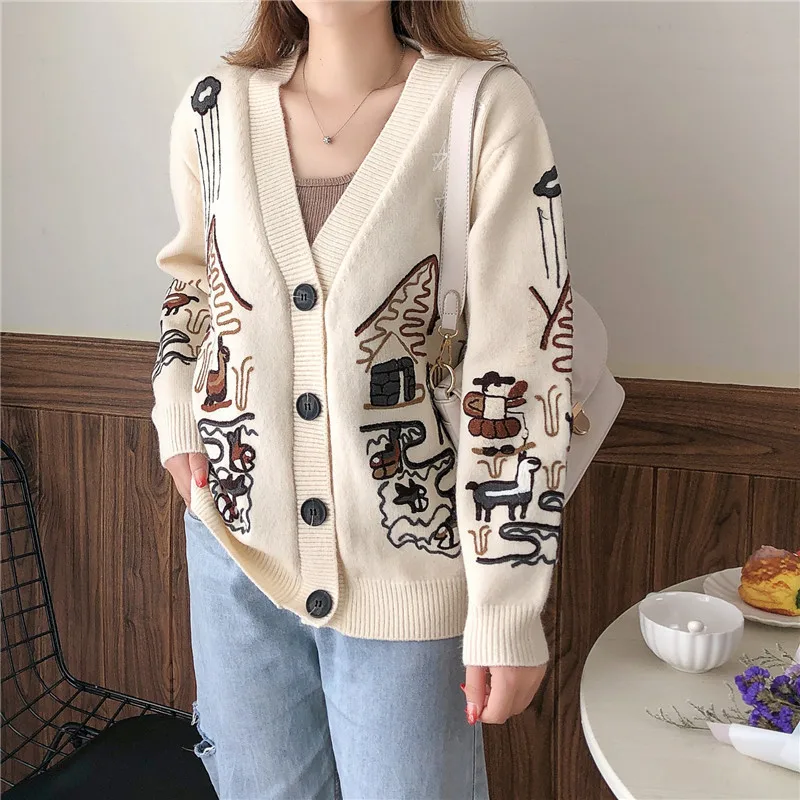 

2021 Fall Oversized Women Cardigan Sweater Spring Autumn Long Sleeve Knitted Cardigan Outwear Embroidery Vintage Floral Print