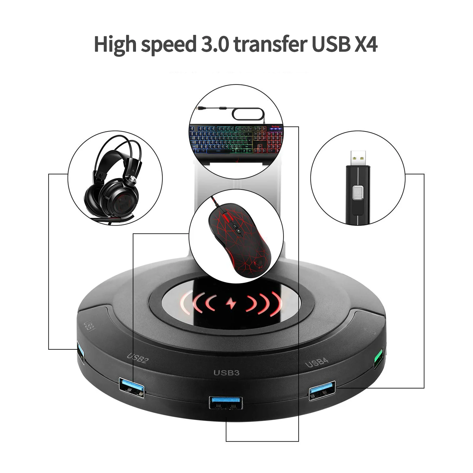 

Hot Headset RGB Headphones Stand Headphone 2 In 1 RGB Headphones Stand 4 Port Smart USB Wireless Phone 3.0 Transmission