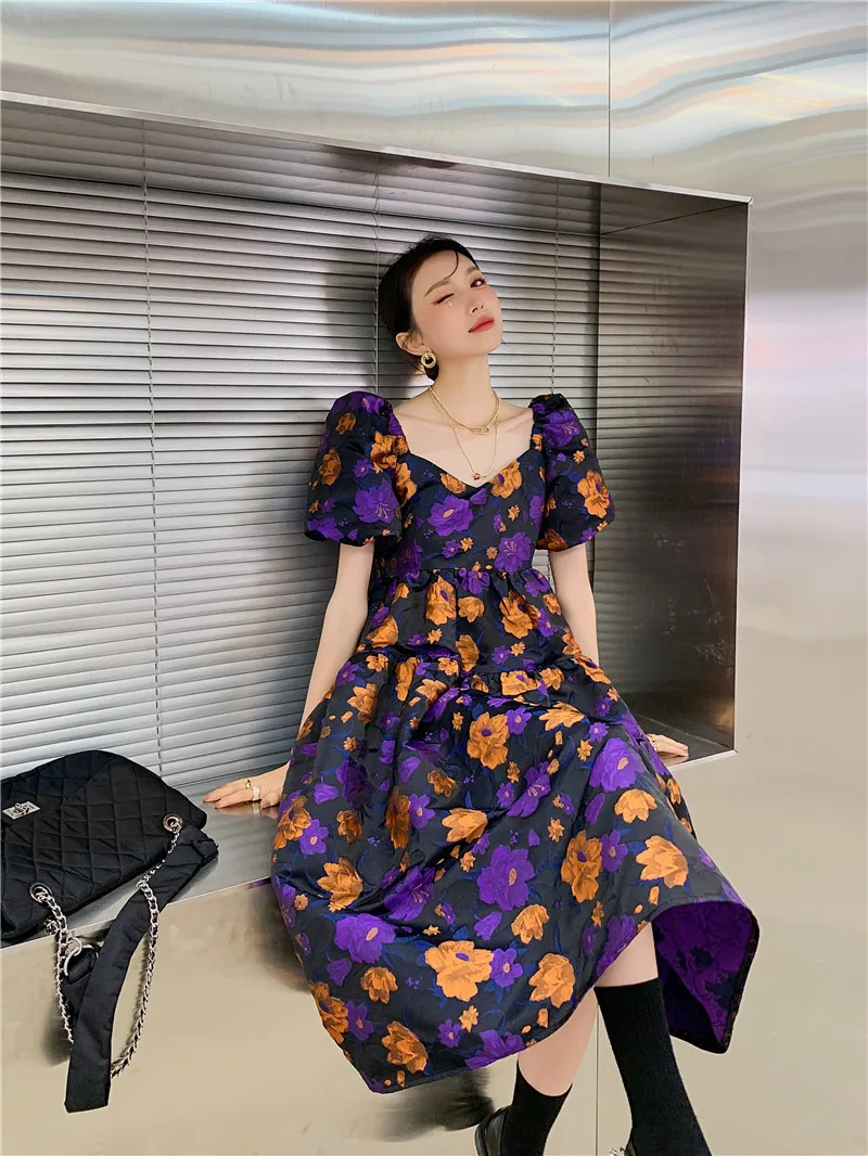 

New Arrival Women's Summer Print Dress 2021 Vintage Puff Sleeve Big Swing Midi Party Dresses