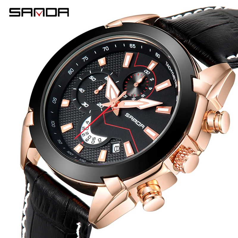

SANDA Mens Sports Watches Chronograph Leather Strap Quartz Army Military Watches Clock Men Top Brand Luxury Relogio Masculino