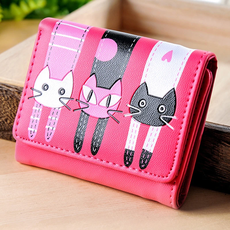 Модный короткий кошелек женский маленький с мультяшным котом для студенток