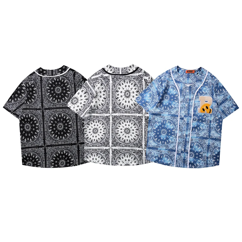 Paisley Print Embroidery Baseball Shirts Hip Hop Short Sleeve Button Up Streetwear Shirt Mens Fashion Clothing Hipster Trends