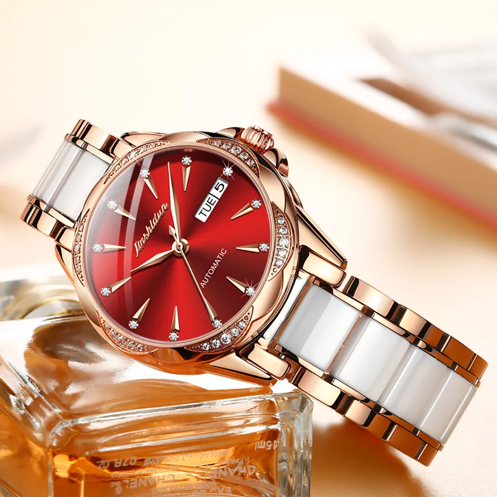 

Women Automatic Mechanical Wristwatch Double Calendar Ceramic and Stainless Steel Watchband Fashion Female Clock