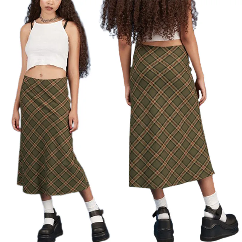 

Women Casual Mid-Calf Skirt Fall Spring Ladies Elegant Dark Green Plaid Printed Pattern Close-fitting Skirts Home Daily 2021