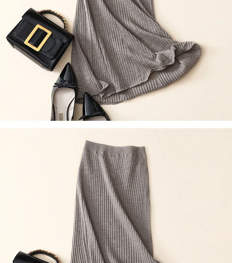 Shuchan Cashmere High Waist Mid Long Skirts for Women Warm Slim High Quality Fall Winter New Items A-Line Solid