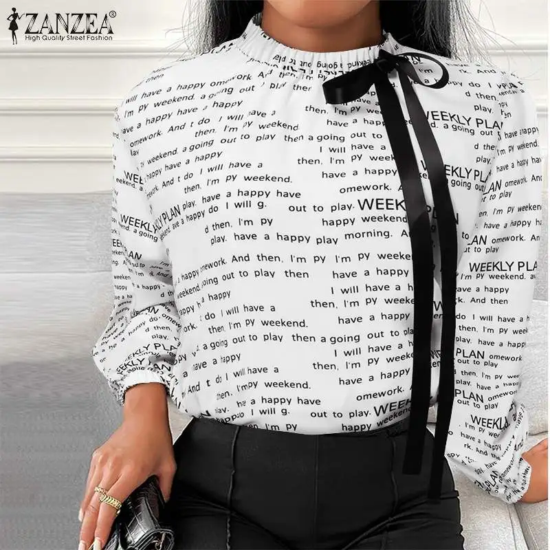 

ZANZEA Autumn Casual Office Work Blouse Women Elegant Full Sleeve O Neck Shirt Chemise Lace Up Tunic Tops Letter Printed Shirt