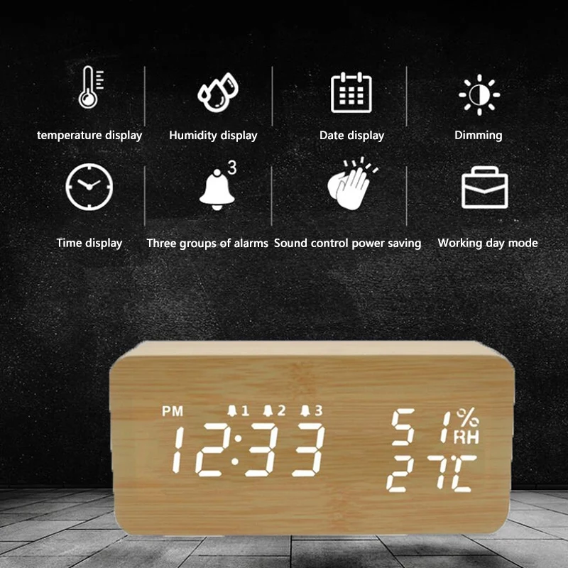 LED Wooden Temperature and Humidity Alarm Clock Table Voice Control Digital Wood Electronic Desktop Clocks Decor | Дом и сад