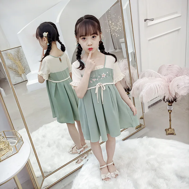 Hanfu/платье принцессы с короткими рукавами и вышитыми цветами для девочек Детская