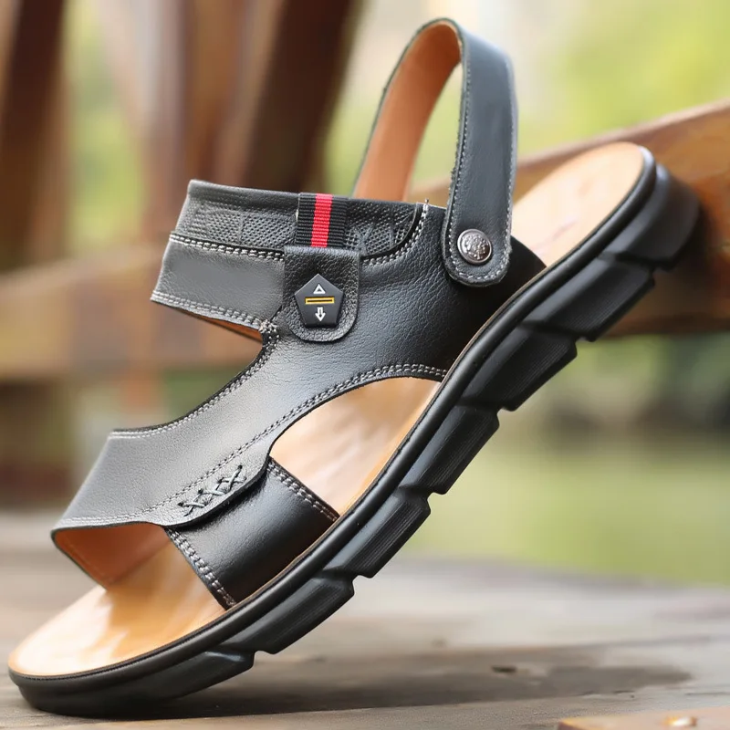 

Men Leather Summer Slippers Outdoor Breathable Beach Shoes Flip Flops Fashion Shoes Indoor Slides Man Home Flat Sandals 2021