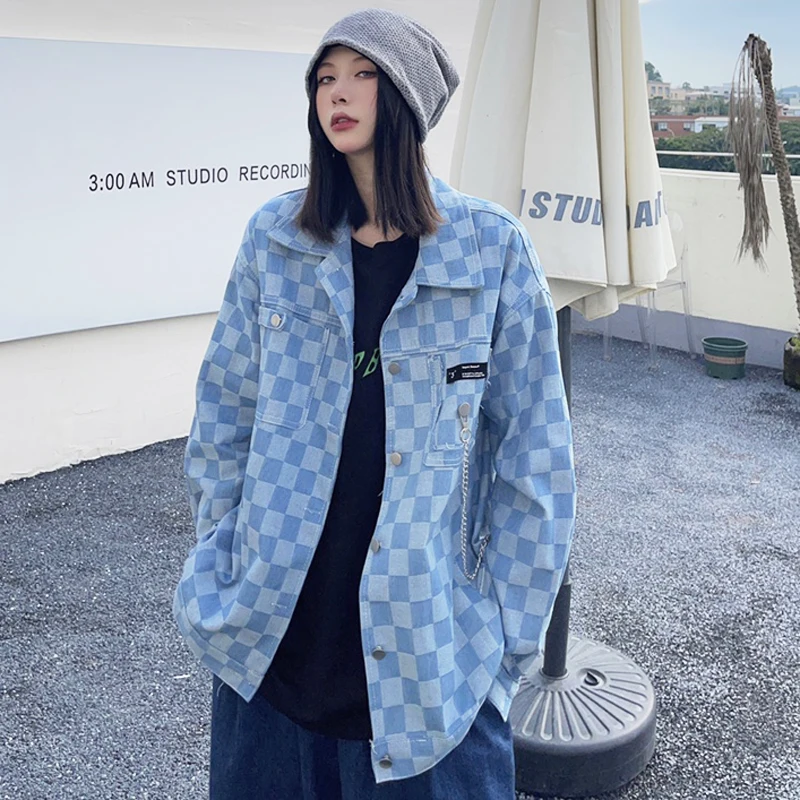 

Женская джинсовая куртка в стиле Харадзюку, винтажная Свободная куртка в клетку в шахматную клетку, однобортная куртка в стиле ковбоя с цеп...