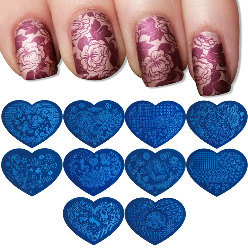10 шт случайный цветочный дизайн ногтей штамповки пластины Валентина розы