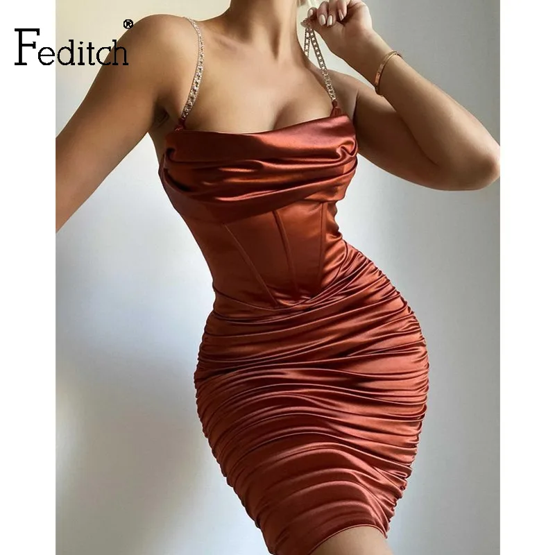 Feditch новые модные драпированные вечерние платья стразами и цепочками без рукавов