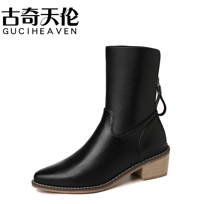 

Pointed toe thick heel short boots, back zipper solid color women's boots
