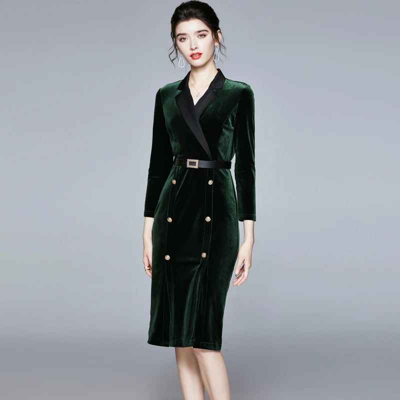 

High Quality Autumn Winter Elegant Lady Notched Collar Slim Office Velvet Pencil Dress Women Fashion Party Robe Femme Vestidos