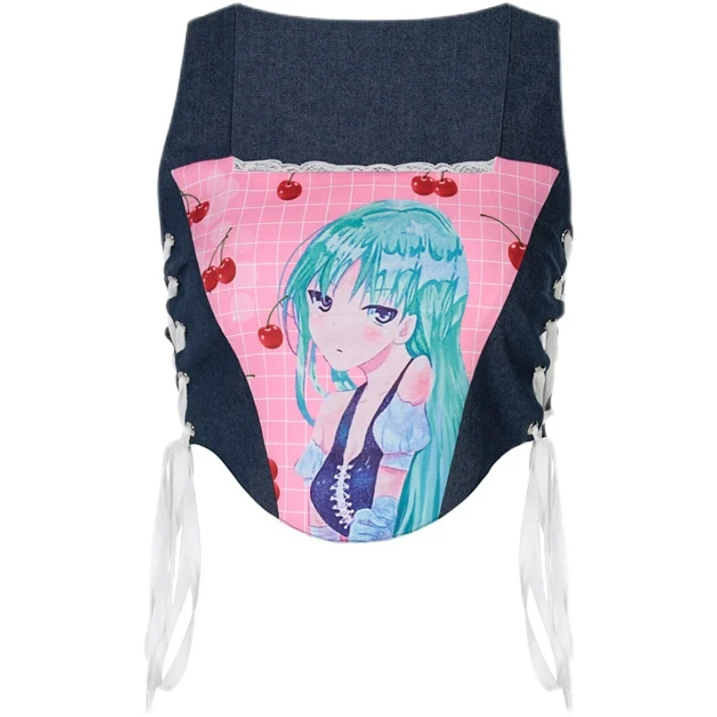 

Kywommnz Fashion Cartoon Printed T-shirt Strapped Vest Women 2021 Summer New Fashion Stitching Slim Slim Top E2572