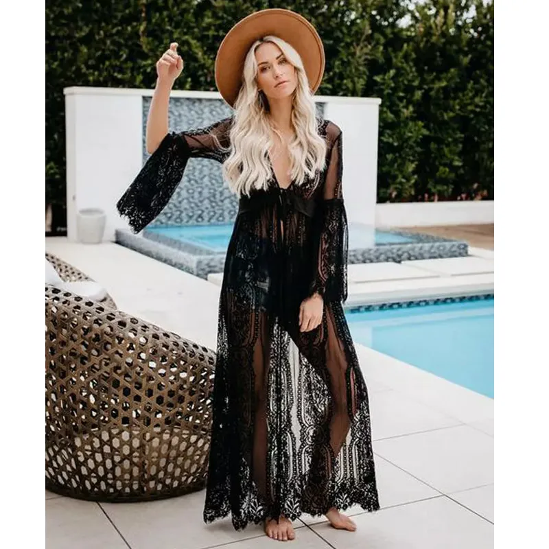 Женский пляжный кружевной бикини длинный прозрачный кардиган белый черный