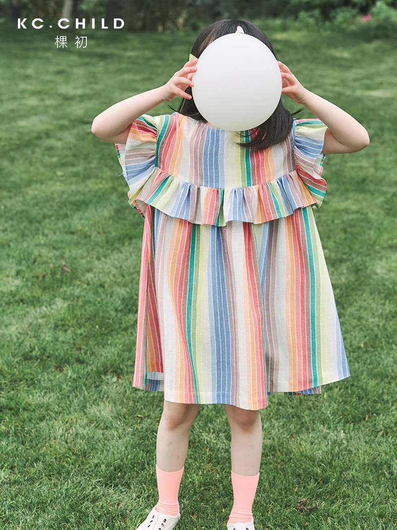KC.Child Girl's Rainbow Dress with Ruffles Breathable Cotton Linen Fabric Kid's for Summer Age2-10Y | Детская одежда и