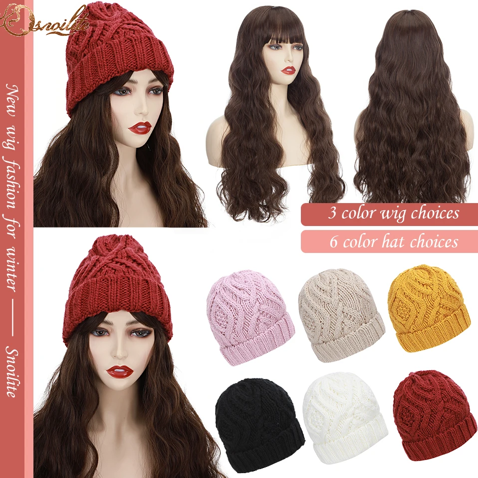 

S-noilite Synthetic New Beanies Knitted Hat Girl Autumn Female Beanie Warmer Bonnet Ladies Cap With Wavy Hair Wig Hair Extension