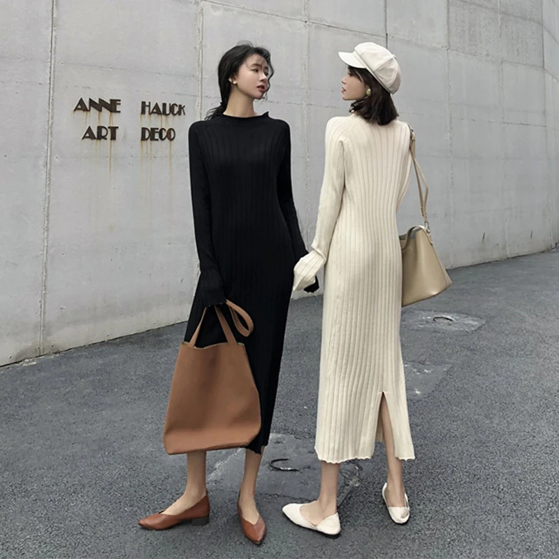 Женское платье-свитер с высоким воротом Осень-зима 2019 модное корейский стиль