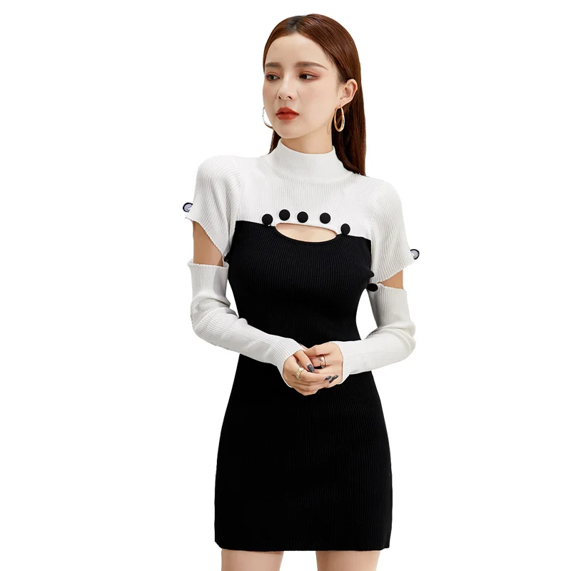 

Autumn winter knitted sexy mini dress women's fashion slim knit full sleeve patchwork button hole sweater dress