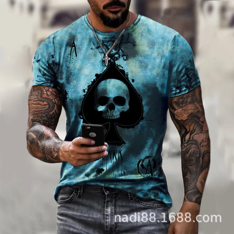 

2021 playing cards diamond square printing skull T-shirt men's summer casual short-sleeved pullover loose top