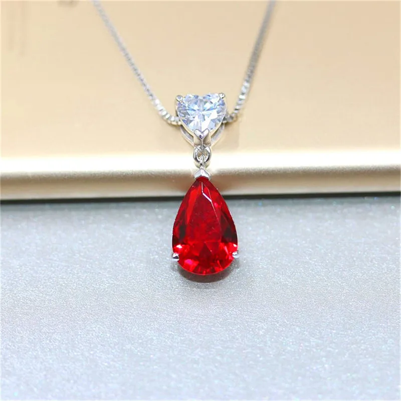 

RUBY GEMSTONE S925 SILVER STERLING PENDANT NECKLACE FINE JEWELRY HEART & WATER DROP BRIDAL WEDDING CLASSIC BIJOUX NO CHAIN